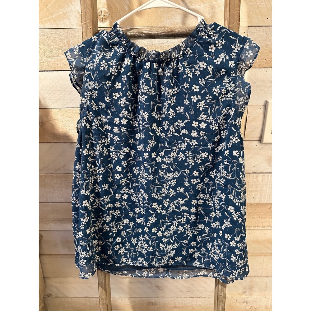 Banana Republic Navy Blue Floral Swiss Dot Ruff Neck Flutter Sleeve Top L